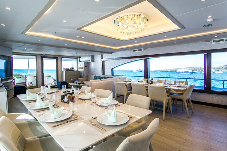 Furnished restaurant on the Grand Majestic Galapagos cruise