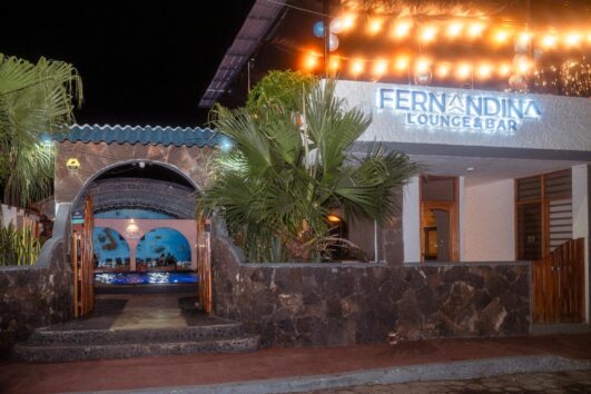 Illuminated entrance to the Fernandina Hotel