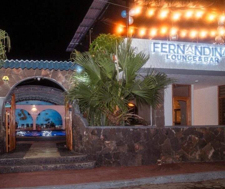 Illuminated entrance to the Fernandina Hotel