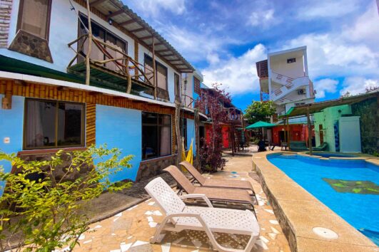 Sun loungers in front of the outdoor pool at the Hotel Miconia Galapagos